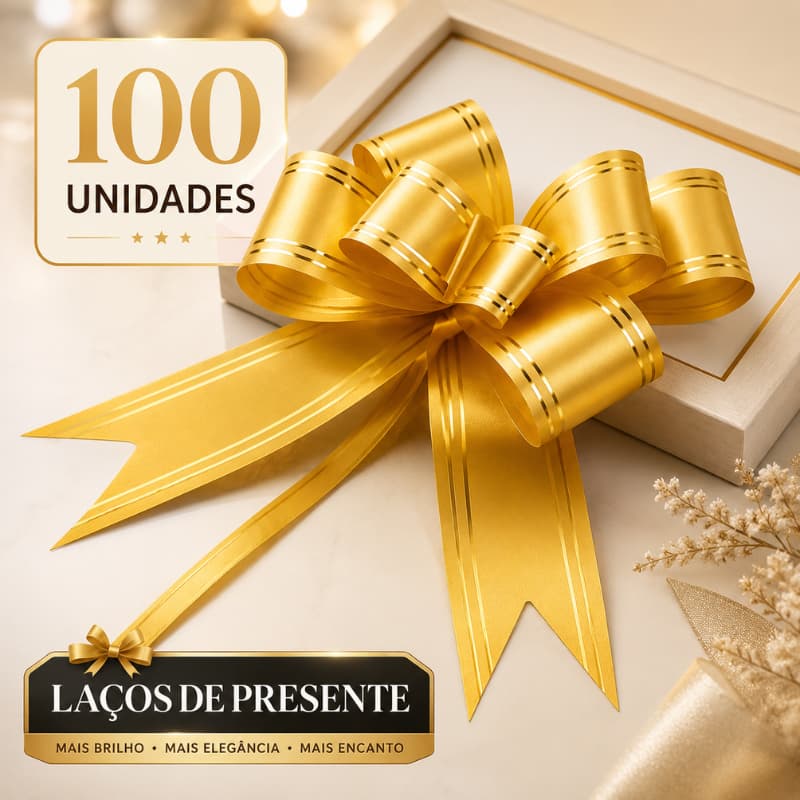 Kit 100 Laços Para Presente Pronto Fácil em Cetim Com Filete Dourado Tamanhos P / M e G