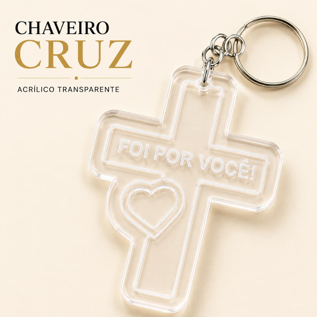 KIT CHAVEIRO CRUZ ACRILICO CRISTAL FOI POR VOCÊ, para decoração, festa, igreja 5cm X 3,7cm