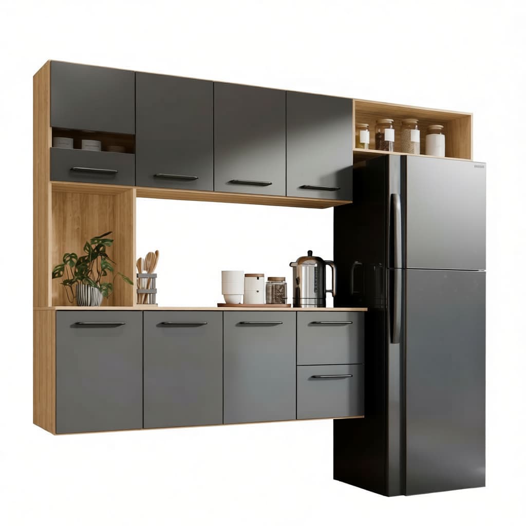 Armário de Cozinha Compacta Sala de Jantar 180cm Aereo Com 7 Portas e Gavetas Com Nicho Juliana