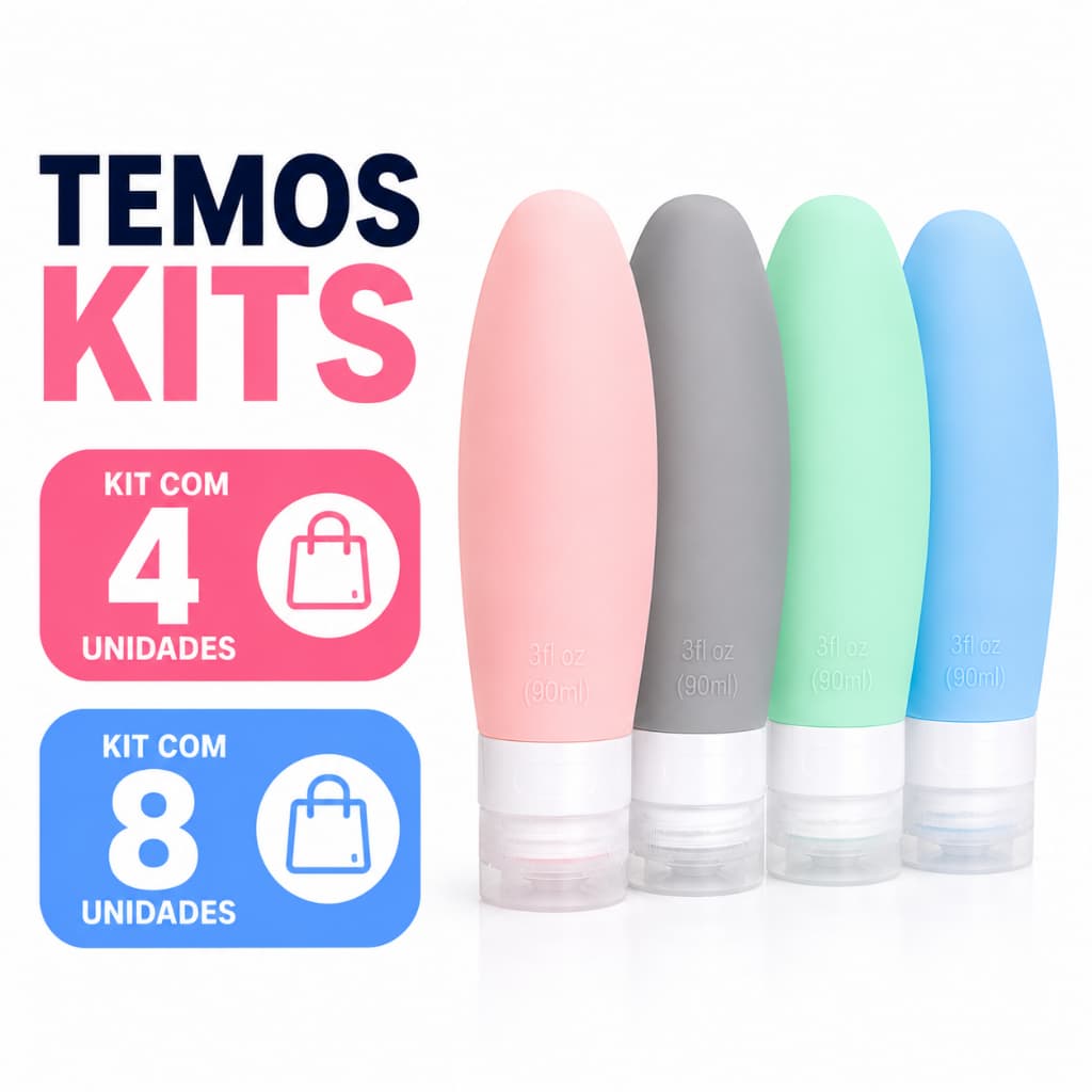 Kit Frascos Silicone Para Viagem 4 ou 8 Peças Reutilizáveis Shampoo Condicionador Cosméticos Necessaire
