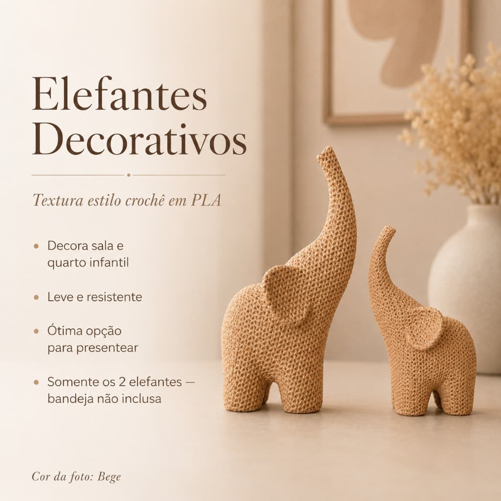 Kit Elefantes Decorativos Efeito Crochê Textura Trançada Mãe e Filhote