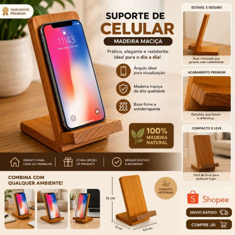 Suporte para celular de madeira.