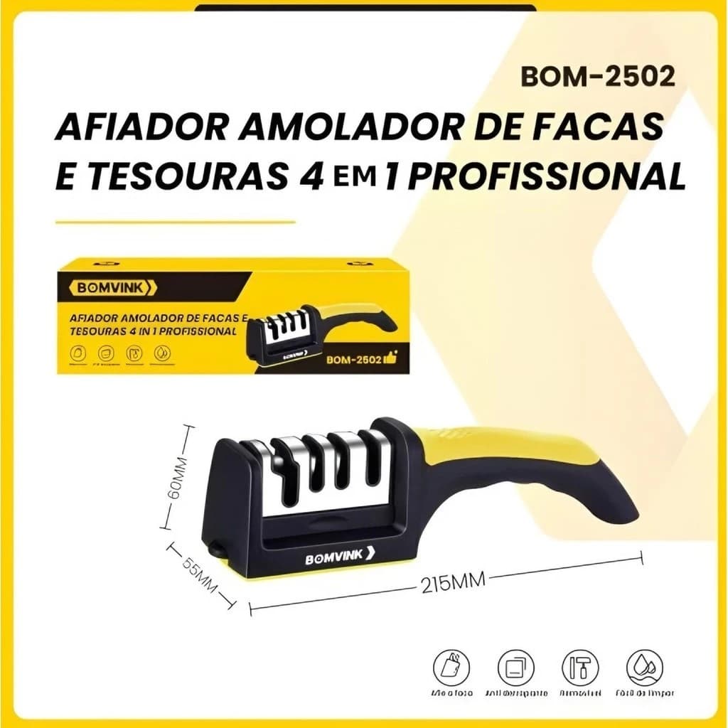 Amolador Afiador de Facas Bomvink 4 em 1 Profissional | Afiador Manual para Facas e Tesouras