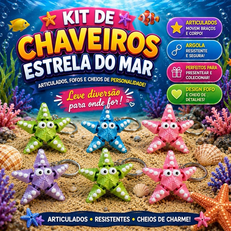 Kit Chaveiros Estrela do Mar Articulada | Chaveiro Fofo para Bolsa, Mochila e Chaves