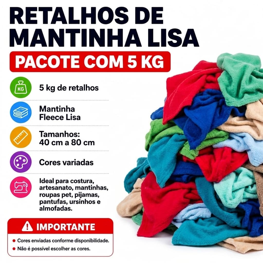Pacote 5kg de Retalho Mantinhas Microfibra Cores Lisas Sortidas - Ideal Para Artesanato Costura | 40cm/80cm x 1,50m Comp