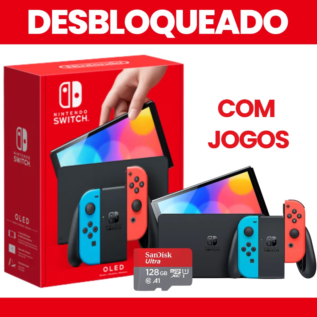 Nintendo Switch Oled Desbloqueado Novo - MicroSD 128/256/512