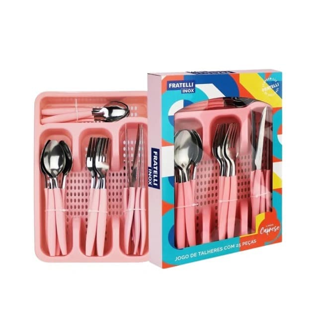 Conjunto Talheres Caprese 25 Peças Cor Rosa Inox Fratelli