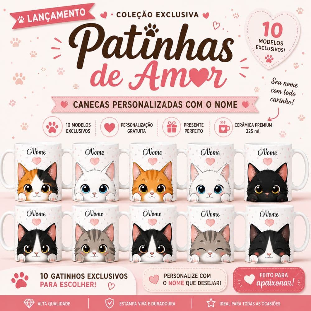 Caneca Personalizada com Nome Gatinhos Kawaii Cerâmica 325ml | 10 Modelos Exclusivos | Presente Criativo