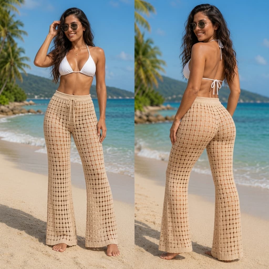 Calça Tricot Pantalona Saida de Praia Moda Verão Piscina Croche Trico Ajuste Na Cintura M ao Plus