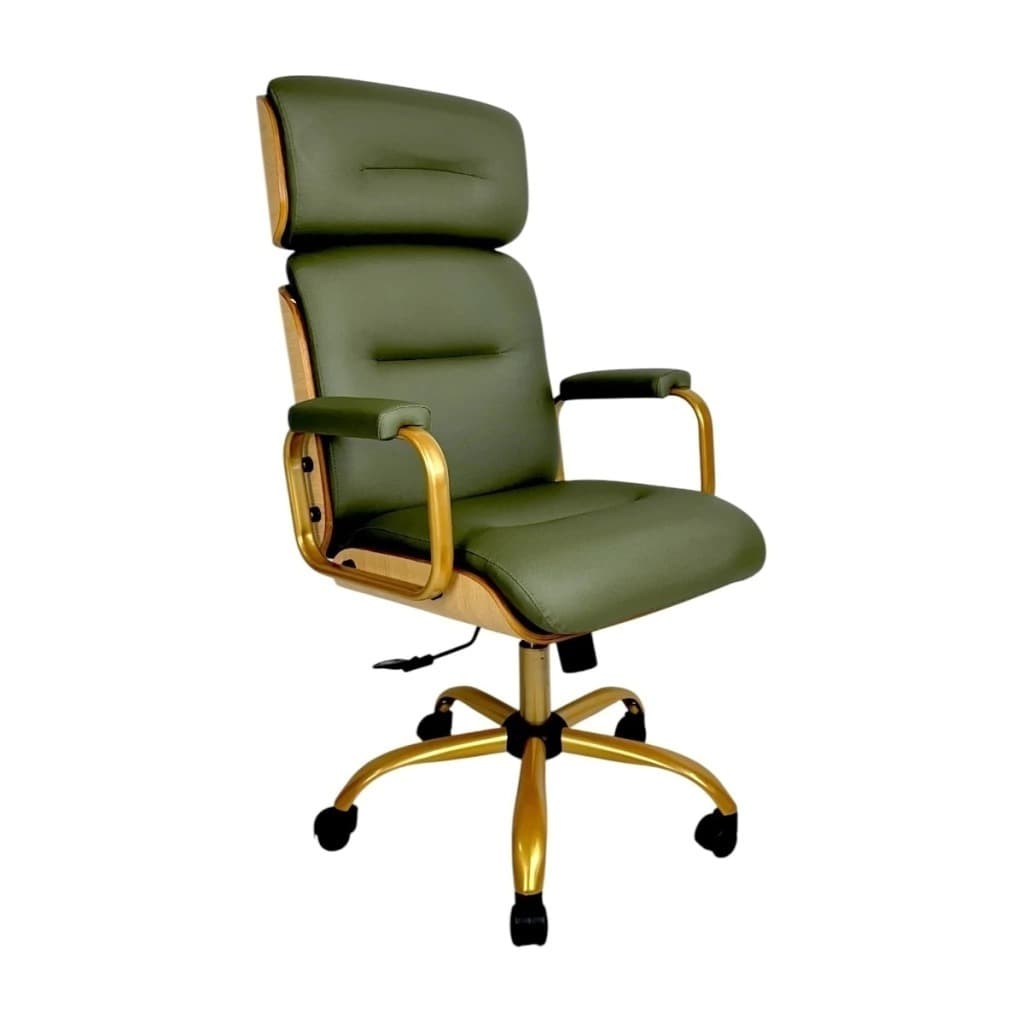 Cadeira para Escritório Presidente Wood Vinil Ibiza Verde  Base Giratória Dourada Consultórios Medicos Home Office