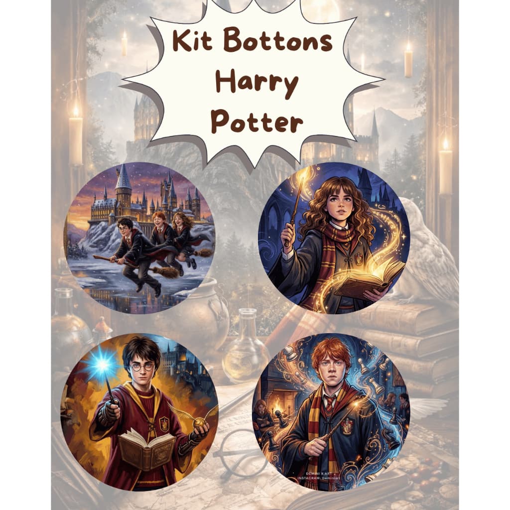 Kit 4 Bottons Harry Potter Premium | Pins Colecionáveis Geek Hogwarts para Mochila e Jaqueta