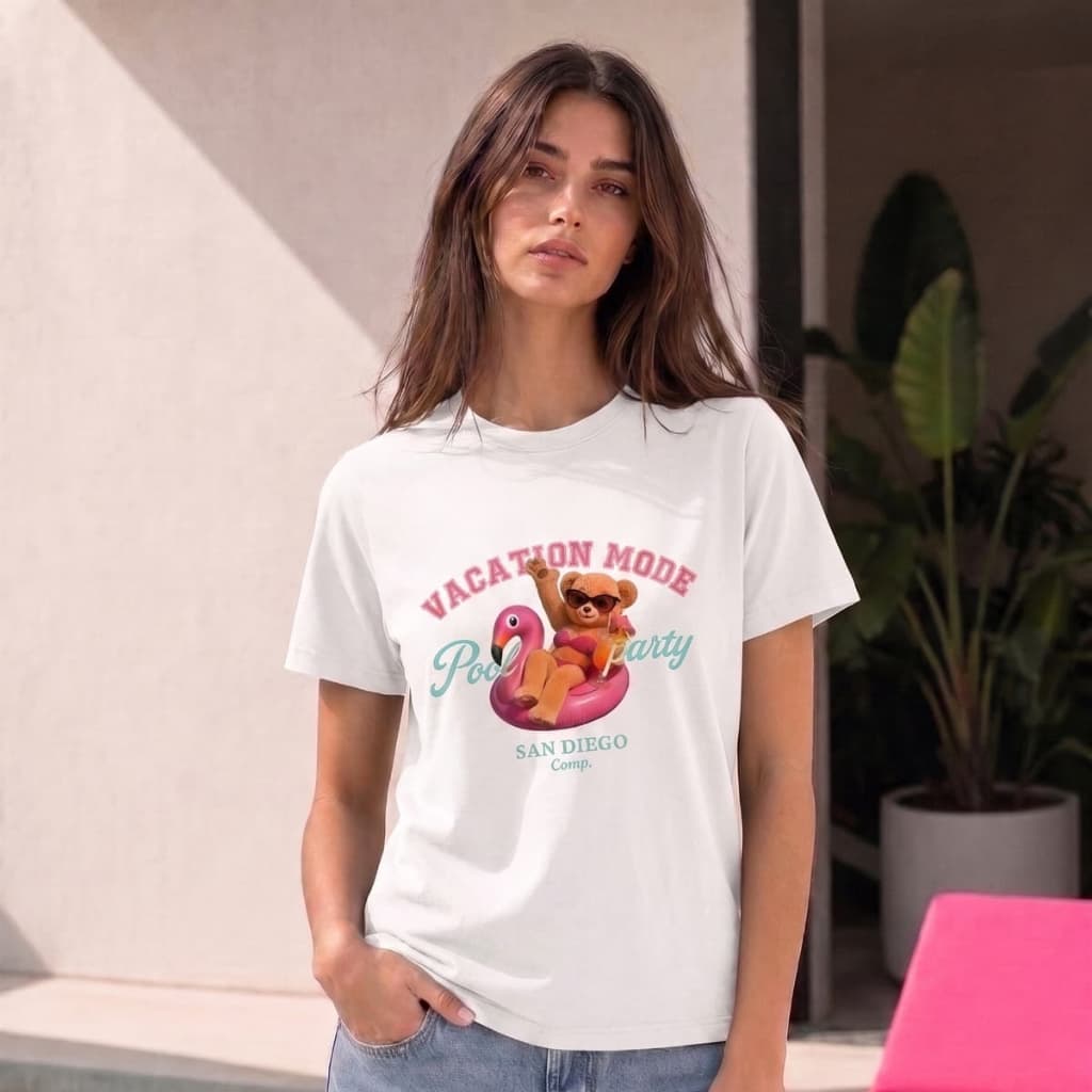 Blusa Feminina Camiseta Elegante T Shirt Urso Boia Flamingo Festa Piscina Férias Verão Moda Blogueirinha Tendencia Praia