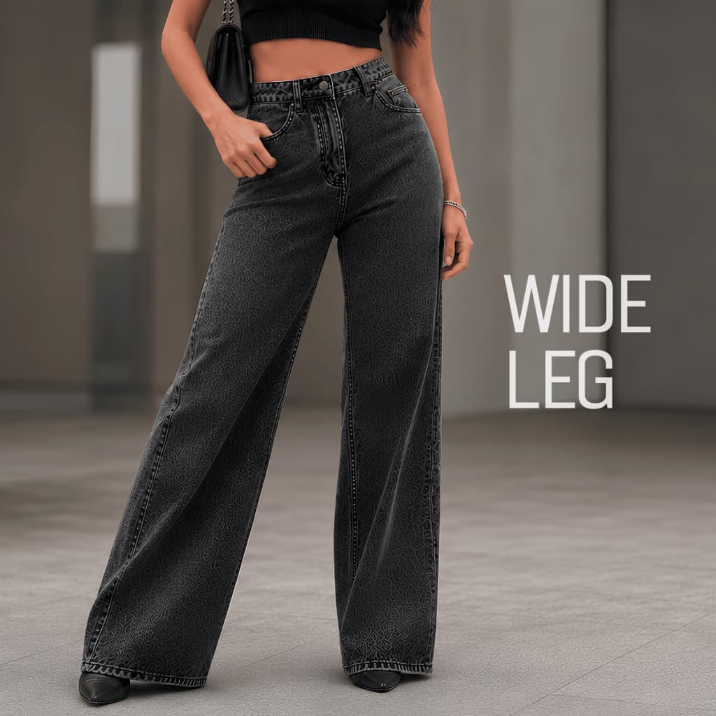Calça Jeans Feminina Wide Leg Preta Estonada Cintura Alta Pantalona 100 Algodão Sem Elastano com Bolsos
