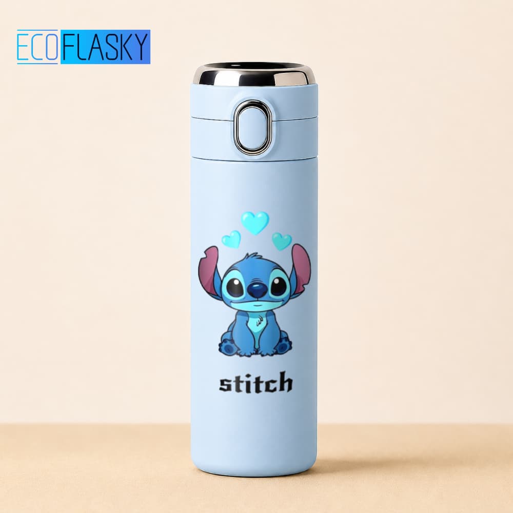Garrafa Térmica Infantil Stitch Estampada Aço Com Termometro Digital Medidor de Temperatura 420ml