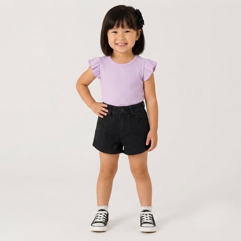 SHORT JEANS PRETO STRASS INFANTIL BEBÊ MENINA 01, 02, 03 ANOS ALGODÃO LORDAN