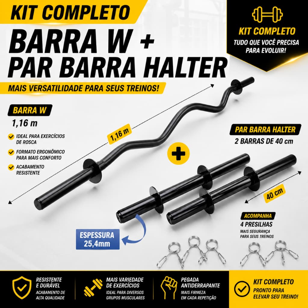 Kit barra W 1,16m + Par de halteres 40 cm com presilhas musculação academia