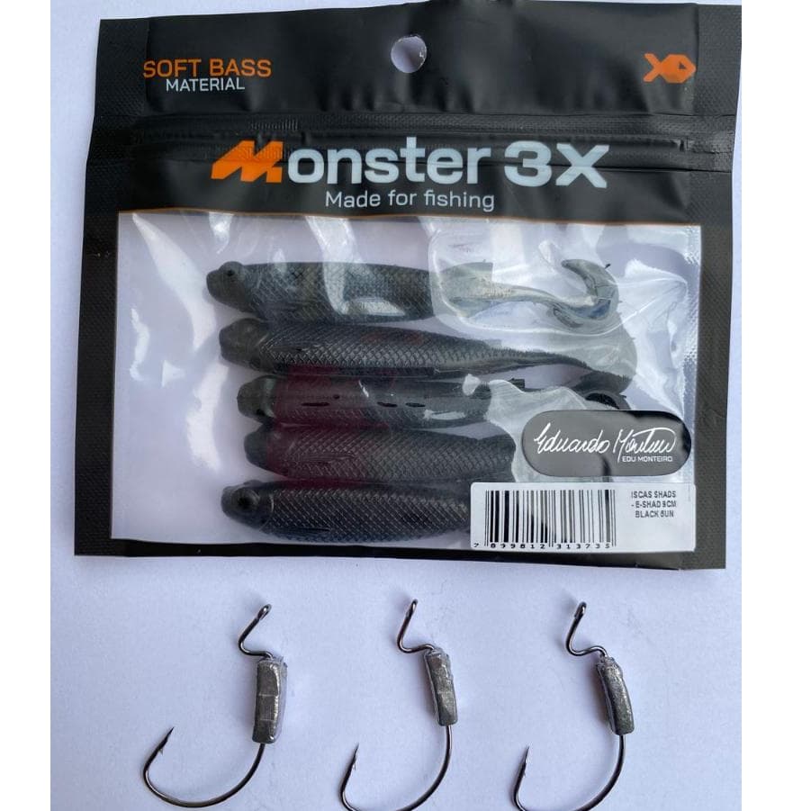 Combo! Isca E-Shad 9 cm Monster 3 x (pacote com 5 unidades) + 3 unidades de anzol lastreado