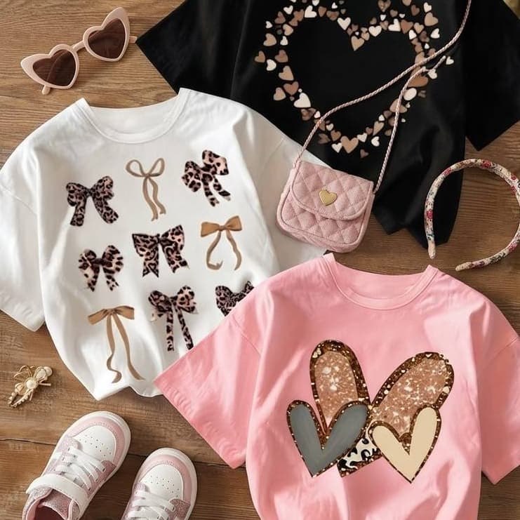 Kit 3 Camisetas Infantil Meninas Delicada Estampada Rosa Oncinha 100% Algodão Leve Premium
