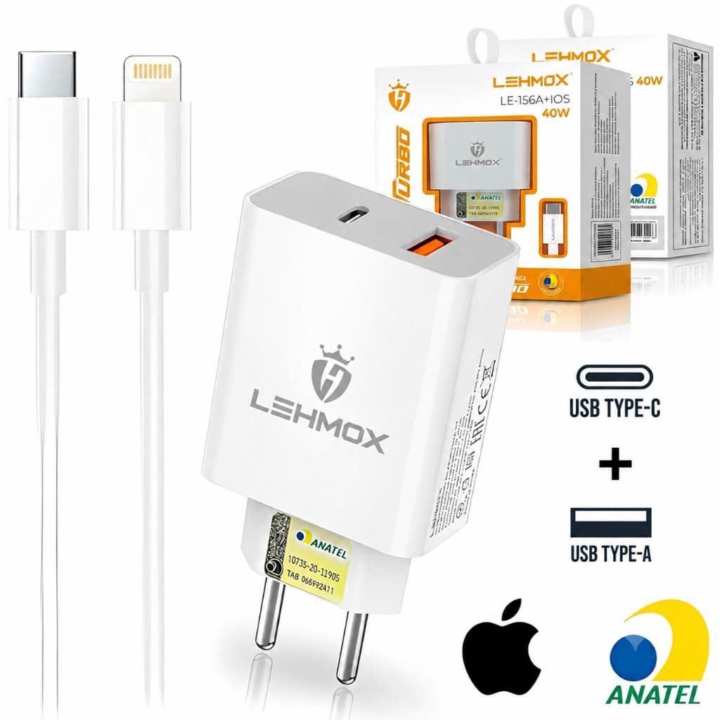 Carregador Iphone Turbo Fonte 40W USB e USB-C + Cabo Lightning Rápido Iphone 6 7 8 X XR XS 11 12 13 14