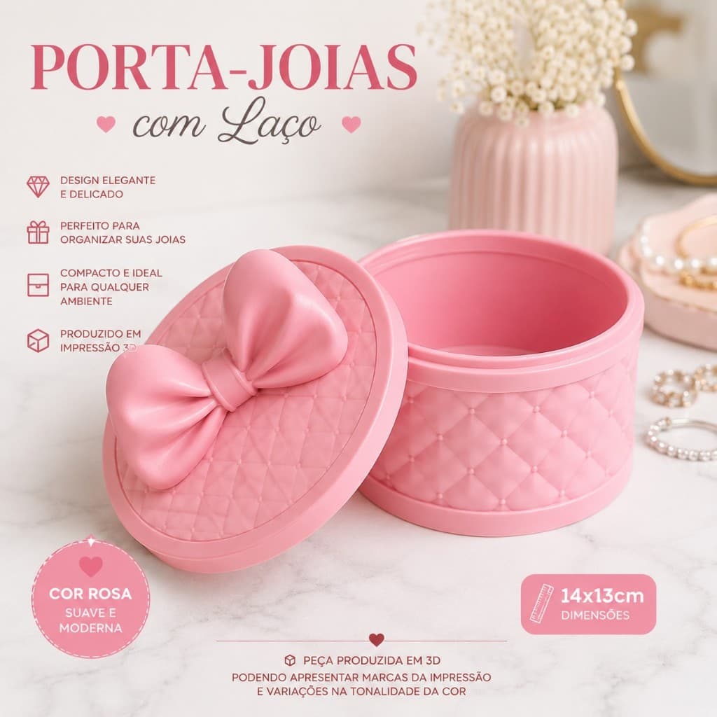 Porta-Joias com Laço 14x13 cm – Organizador Decorativo em Impressão 3D