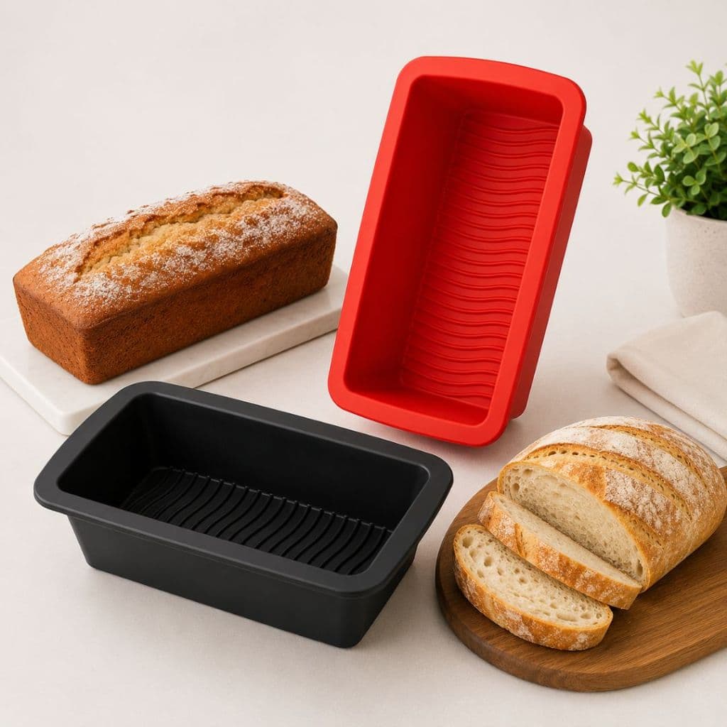 Forma de Silicone Retangular Antiadherente 24x14x6cm para Pães e Bolos, Livre de BPA, Preto e Vermelho