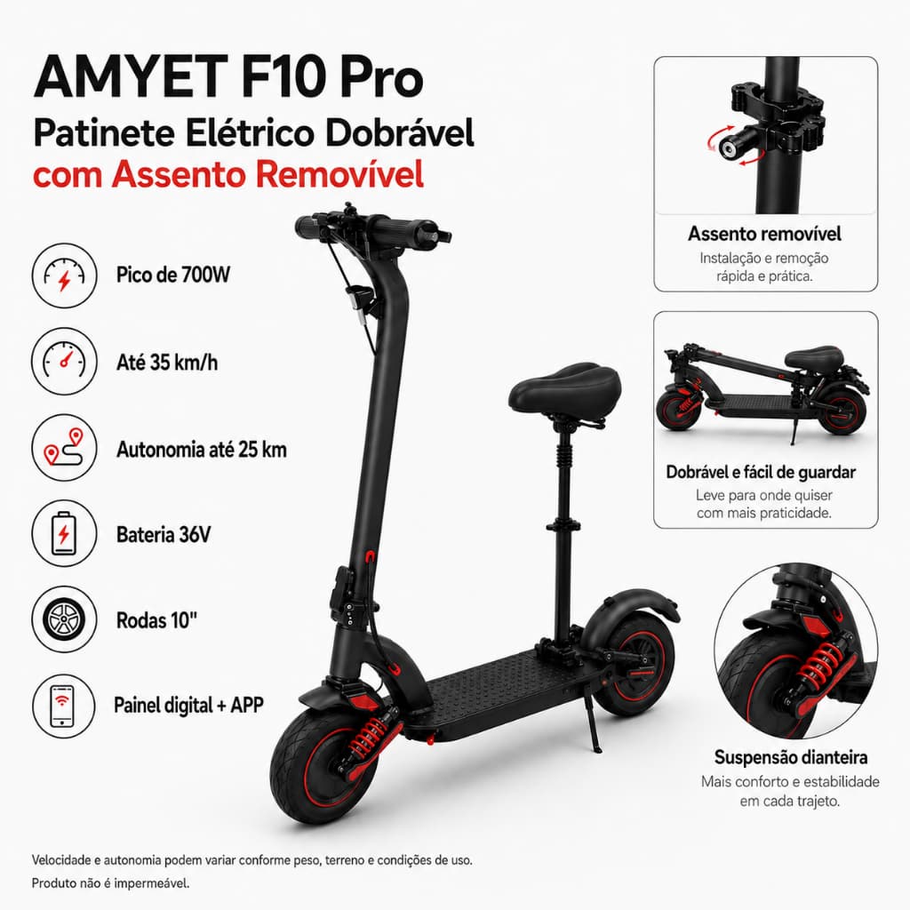 Patinete Elétrico Adulto AMYET F10 Pro 700W 36V 10,4Ah 35km/h Dobrável com App e Dupla Suspensão
