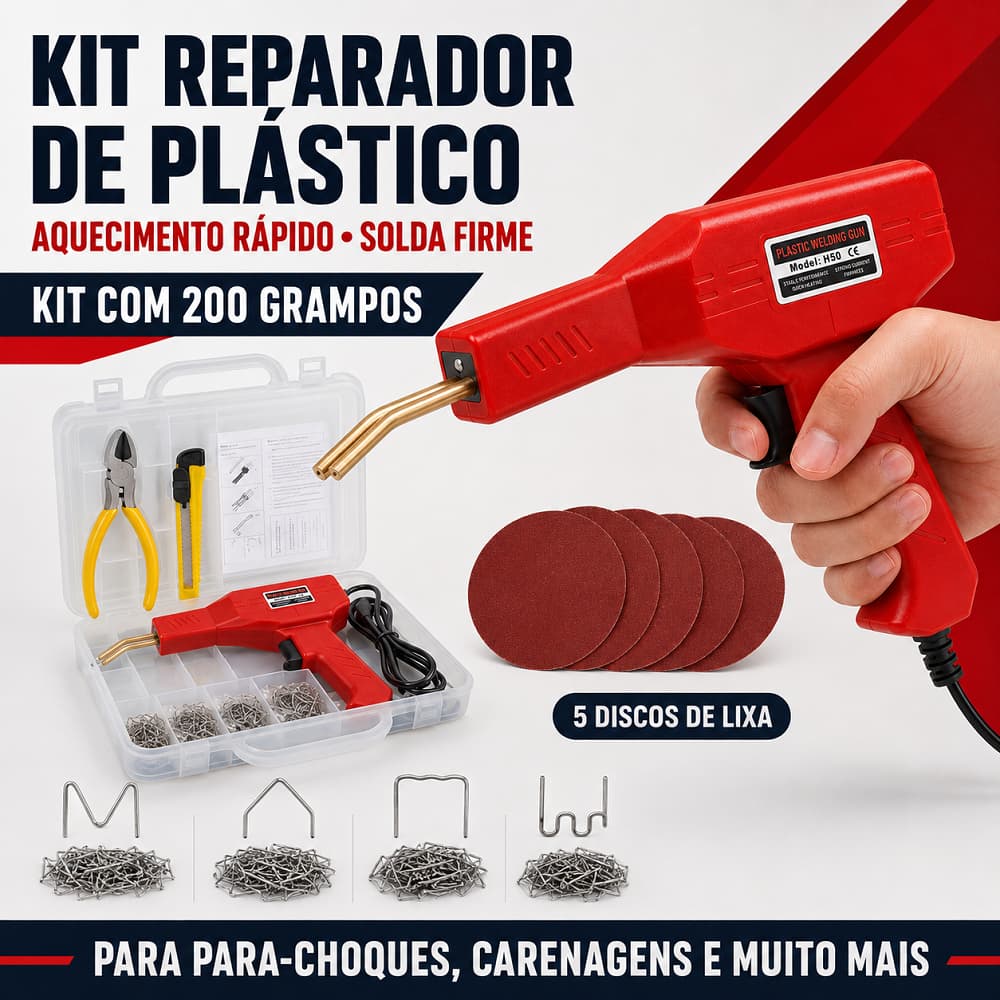 Handy Plastics Welder 150W Bivolt com 200 Grampos, Maleta Organizadora, Estilete, Alicate e Lixas – Reparo de Para-choqu