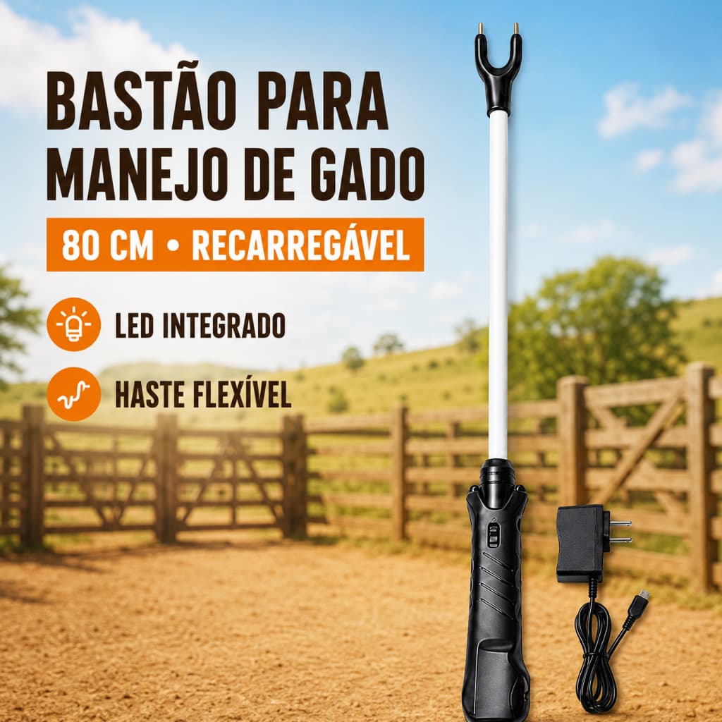 Bastão Elétrico para Manejo de Gado 80cm Recarregável com LED e Haste Flexível Uso Pecuário