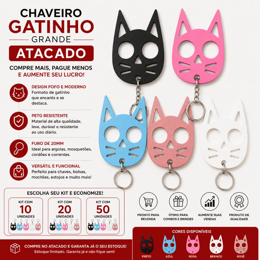 KIT Chaveiro Gatinho Grande PETG Resistente Protetor – com 10, 20 ou 50 Unidades – Diversas Cores