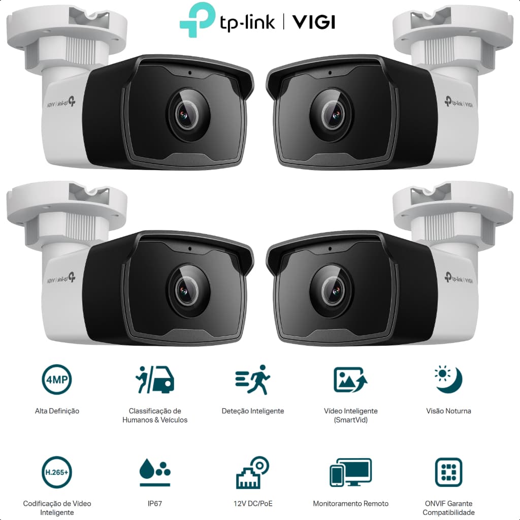 KIT 4 Câmeras IP Externa TP-Link VIGI C340I 4MP (4MM) Com Infravermelho BULLET TPN0392