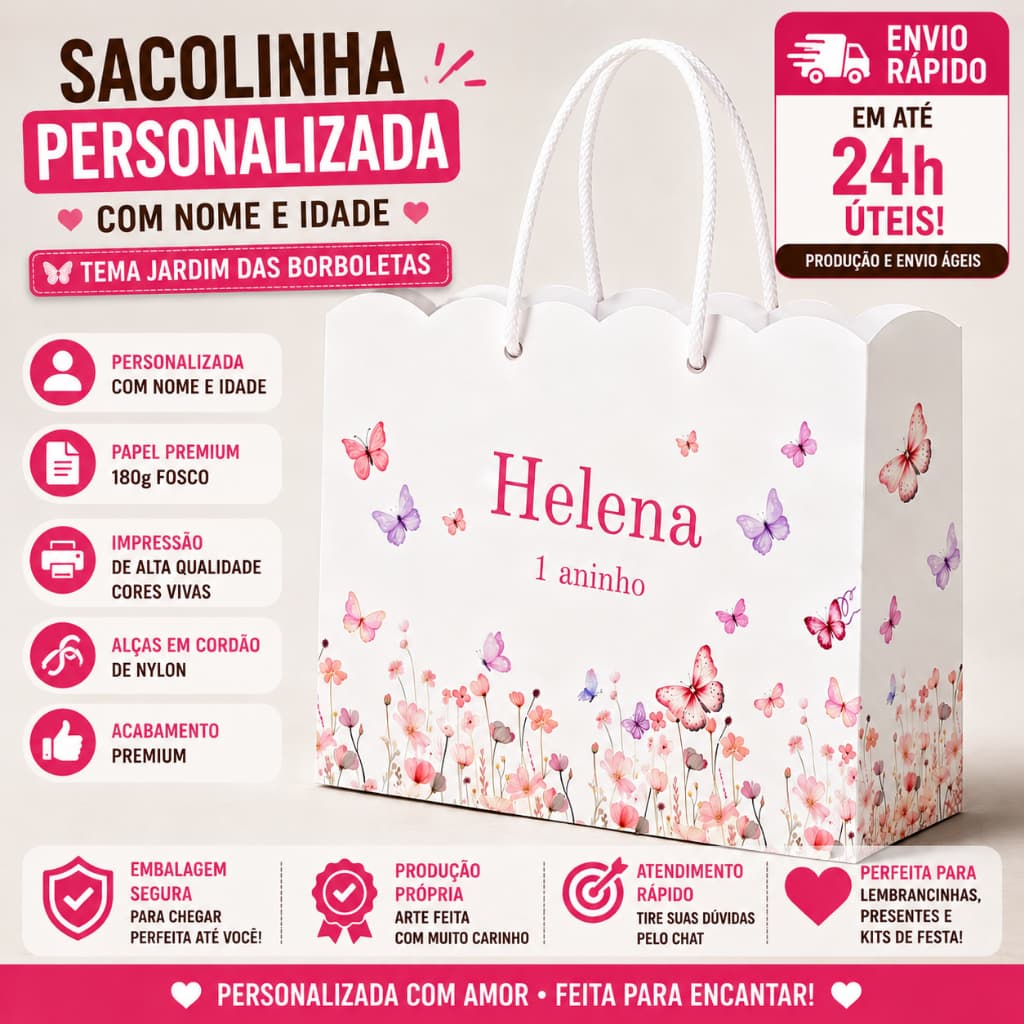 Kit Sacolinhas Personalizadas Jardim das Borboletas | Personalizadas com Nome e Idade
