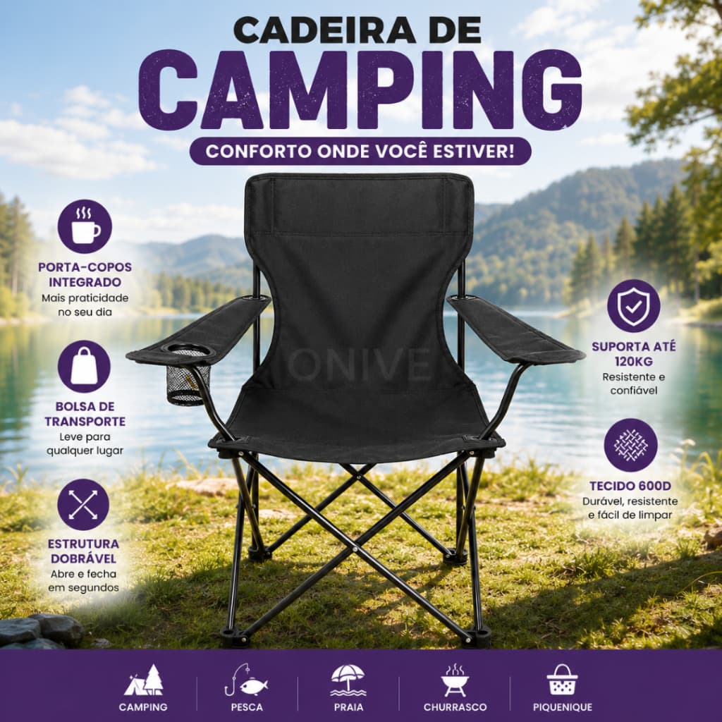 Cadeira de Camping Dobrável Portátil Até 120kg Porta Copo Bolsa Transporte Aço Carbono Poliéster 600D