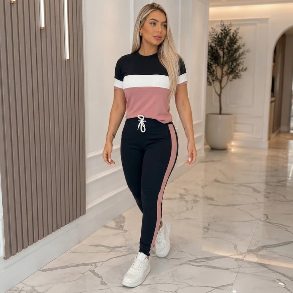 conjunto femenino calça e blusa manga curta DIVERSAS CORES conjunto feninino