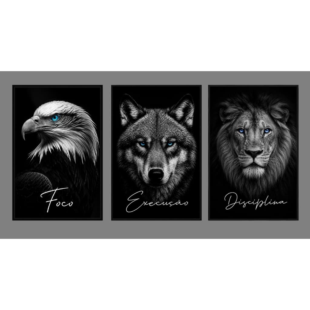 Kit 3 Quadros Decorativos Motivacionais Águia Lobo Leão Foco Execução Disciplina MDF