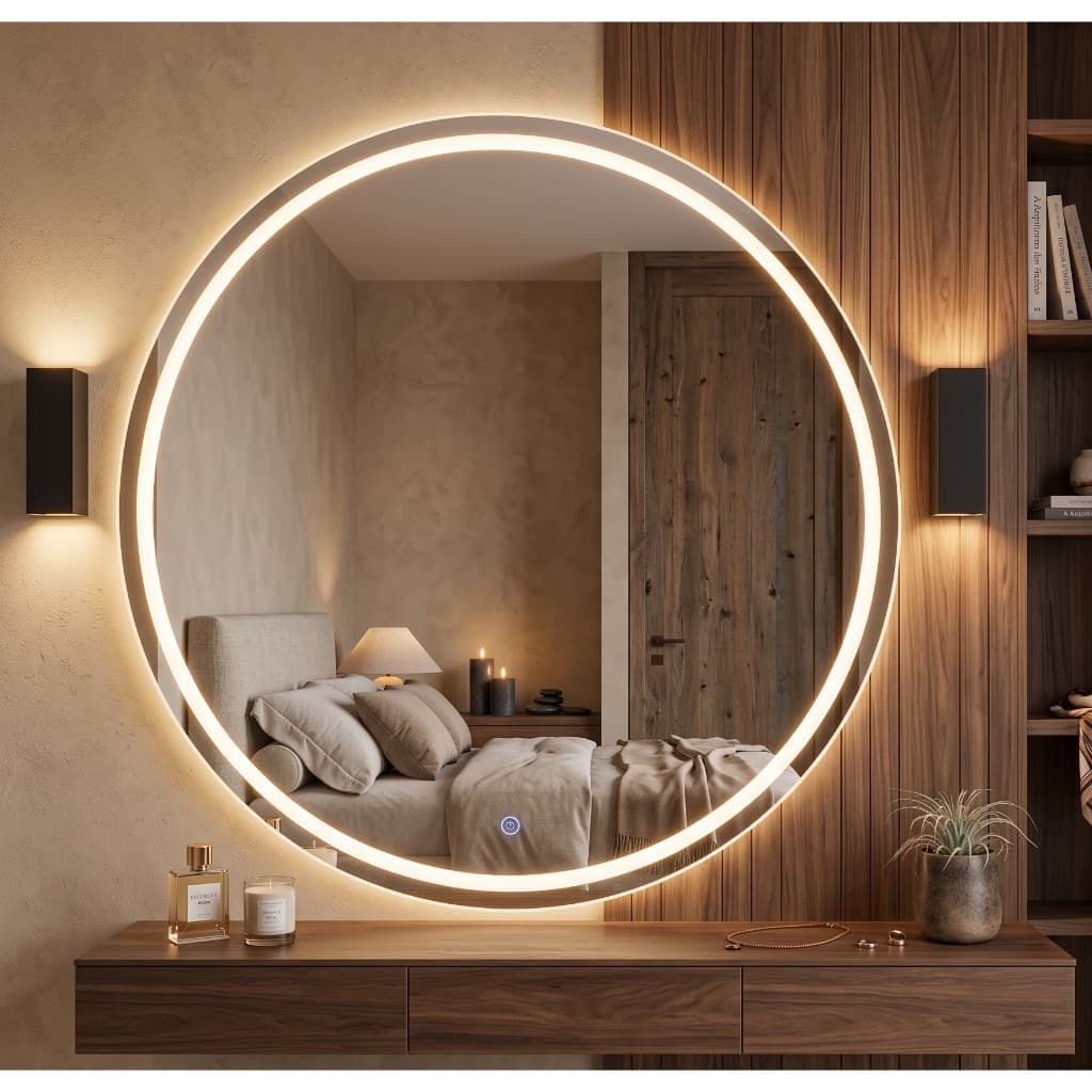 Espelho Redondo Com Led Jateado Quente Frio Neutro Botão Touch Banheiro Lavabo Cozinha Sala Jantar Estar Envio Imediato