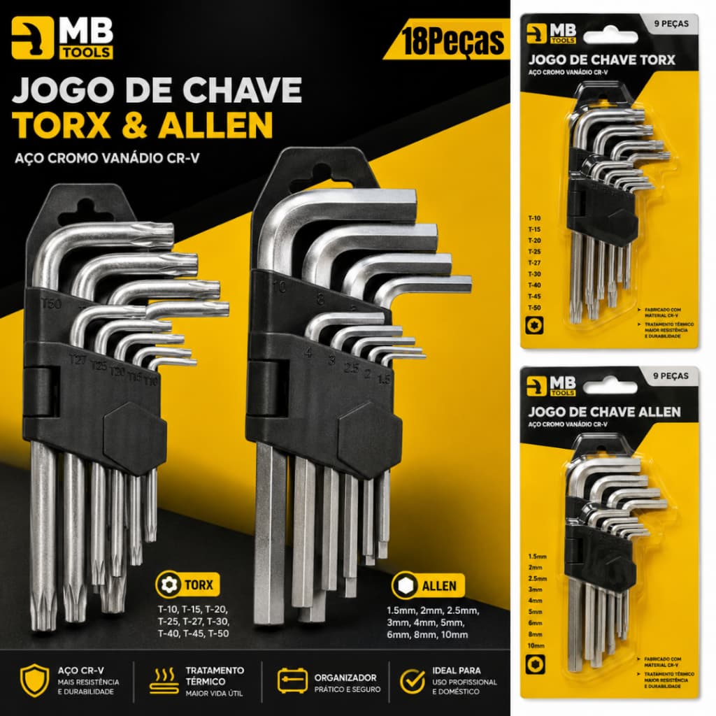 Kit Jogo Chave Torx + Allen 18 Peças Aço Cromo Vanádio Profissional