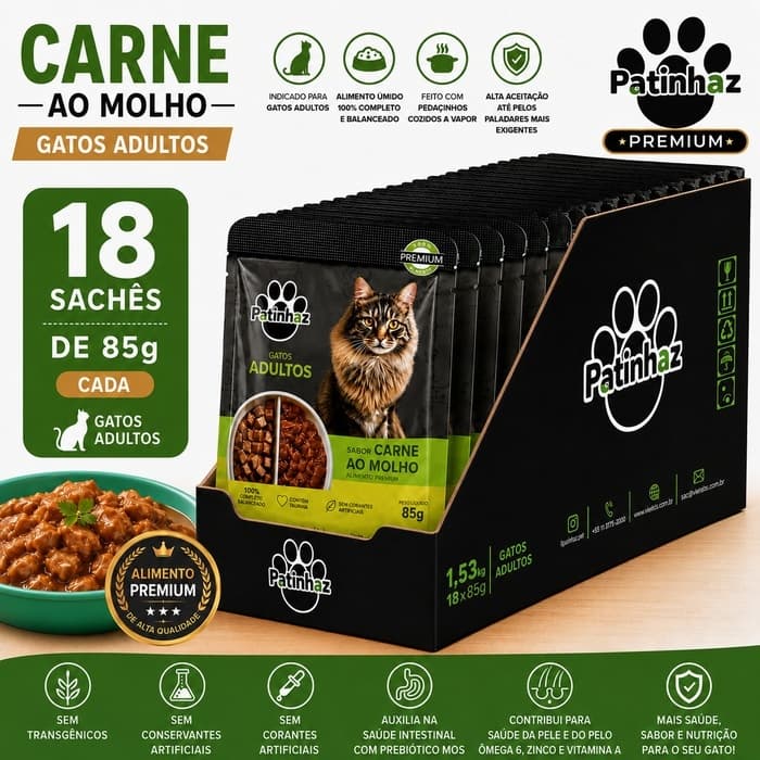 KIT 18 UN SACHE PATINHAZ GATO CARNE MOLHO 85G -RAÇÃO UMIDA - SACHE CARNE