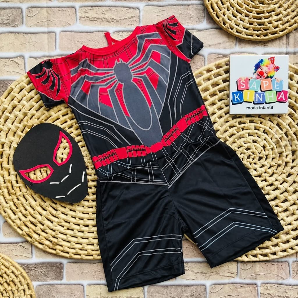 Fantasia Homem Aranha Negro Infantil Macação de Helanca+Mascara EVA Super Herói-Para MeninosP-M-G-GG