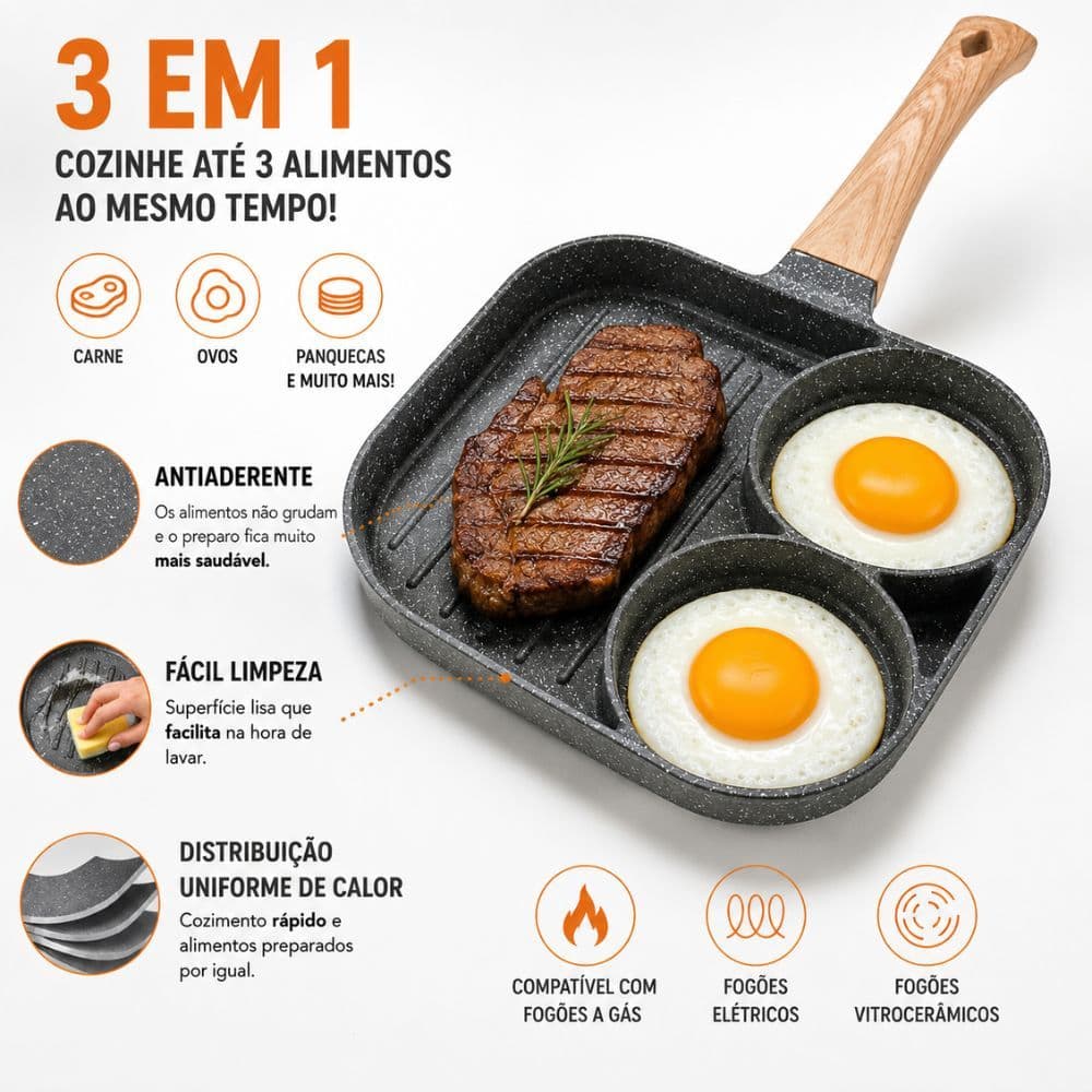 Frigideira Antiaderente 3 Divisórias para Hambúrguer Ovo Carne