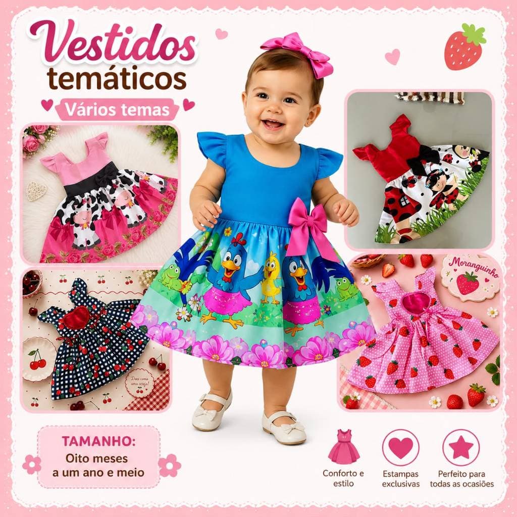 Vestido infantil temático Galinha Minnie Vaquinha Moranguinho 8 meses a 1 ano e meio