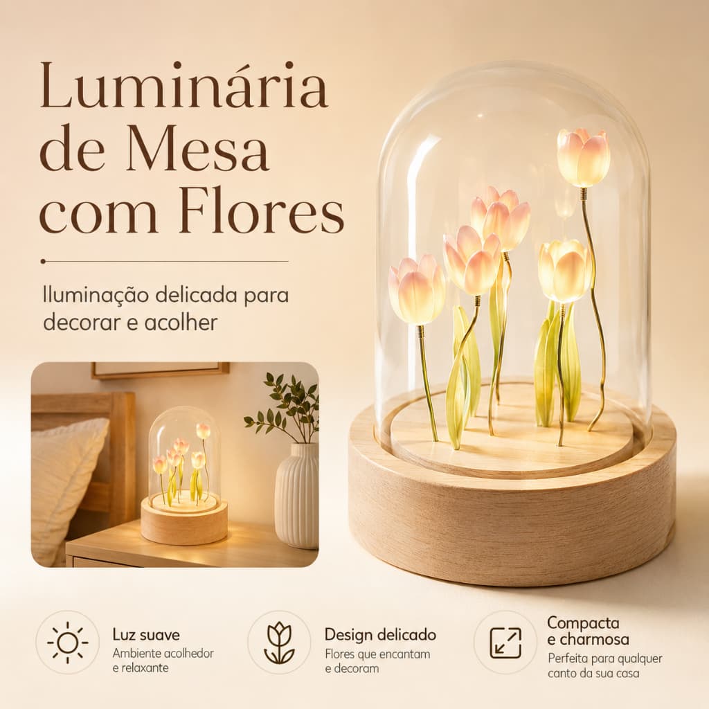 Luminária de Mesa com Flores LED Cúpula de Vidro Luz Suave Decorativa a Pilha