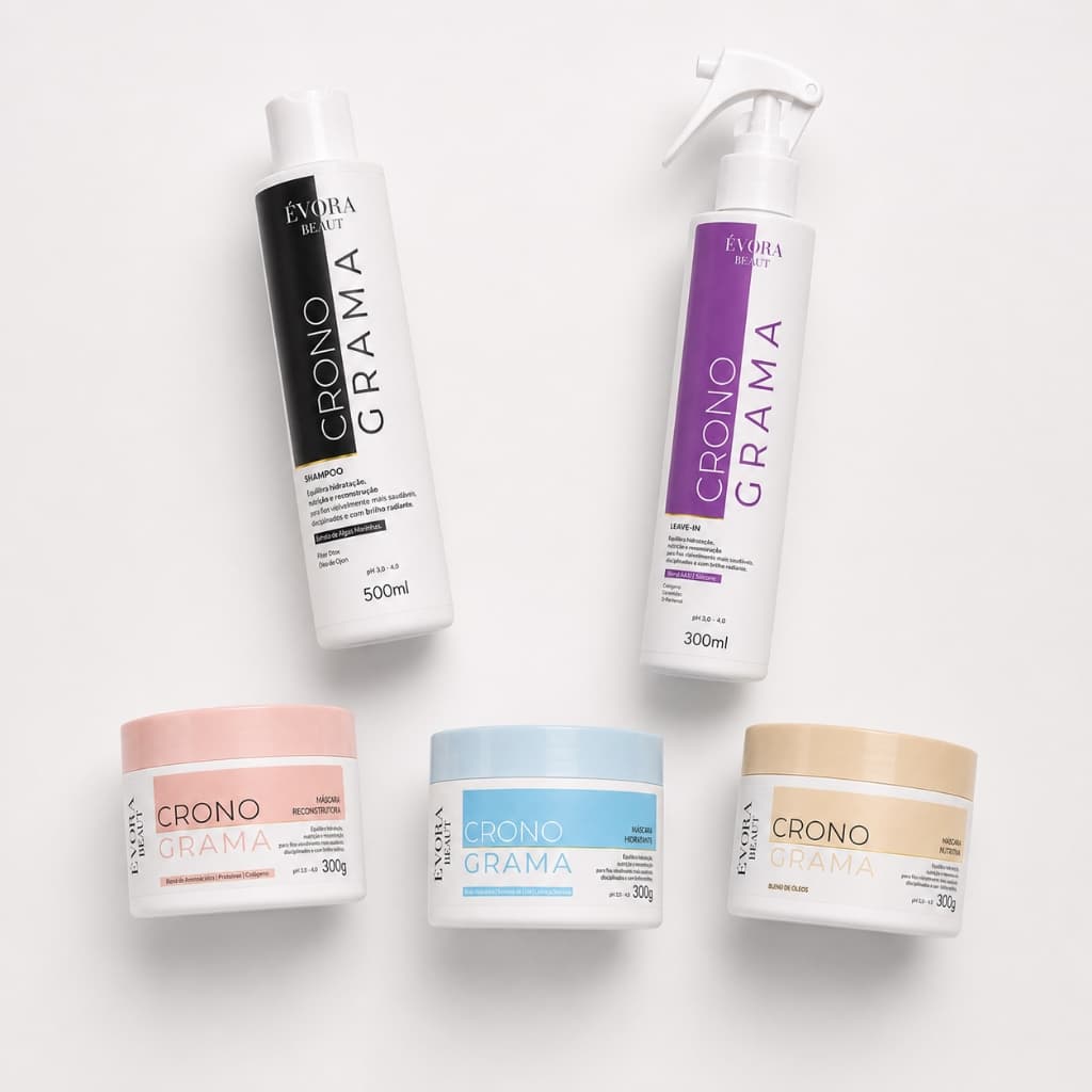 Kit Cronograma Capilar Évora Beaut Shampoo 500ml Leave-in 300ml 3 Máscaras Efeito Teia Hidratação Nutrição Reconstrução