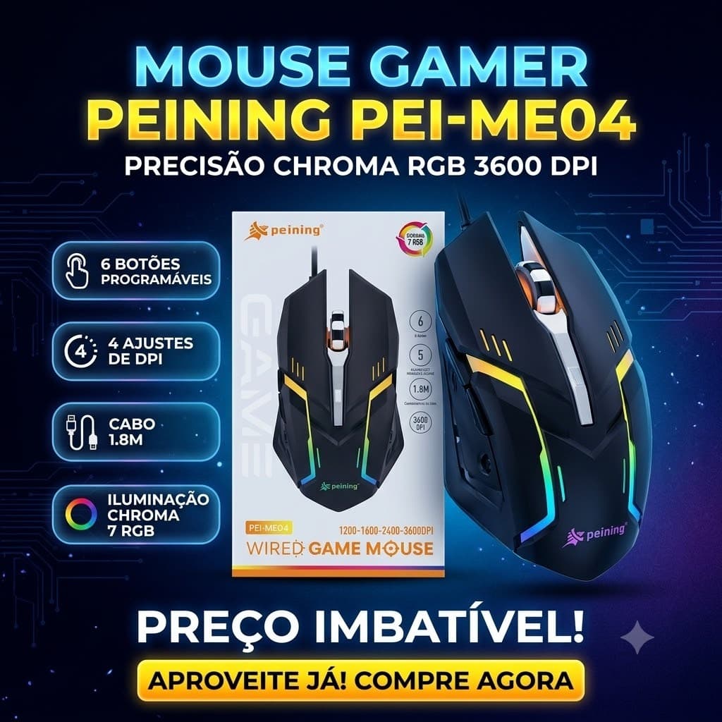 Mouse Gamer Com Fio Rgb 6 Botões 3600 Dpi Cabo 1.8m Peining