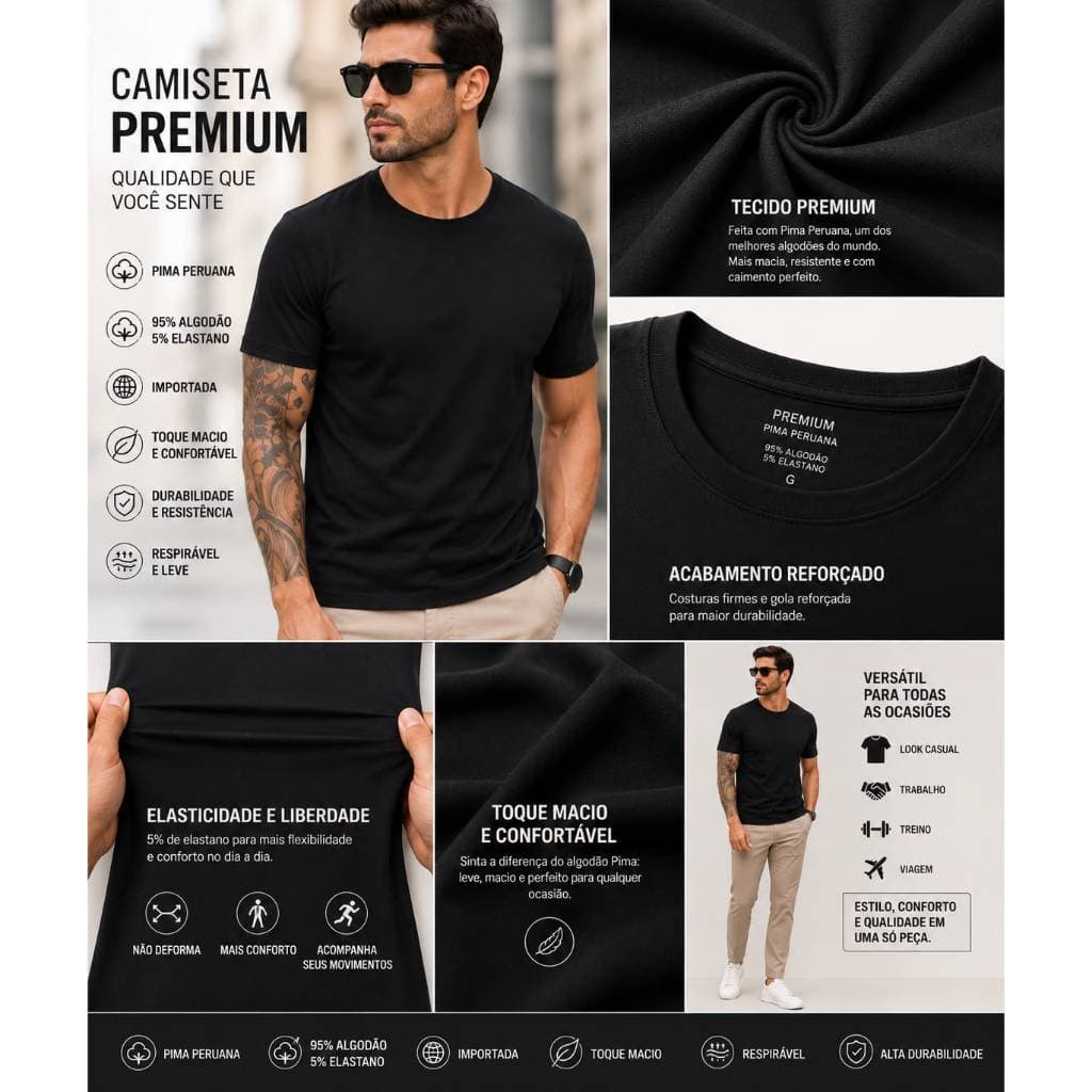 Camiseta Masculina Pima Peruana Importada Preto Premium 95% Algodão 5% Elastano