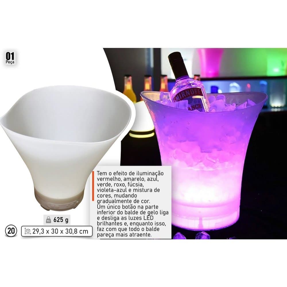Balde Gelo LED Caixa Som Bluetooth Iluminação Festa Cerveja Bebidas Suporte Cooler Luminoso Recarregável Chique Balada