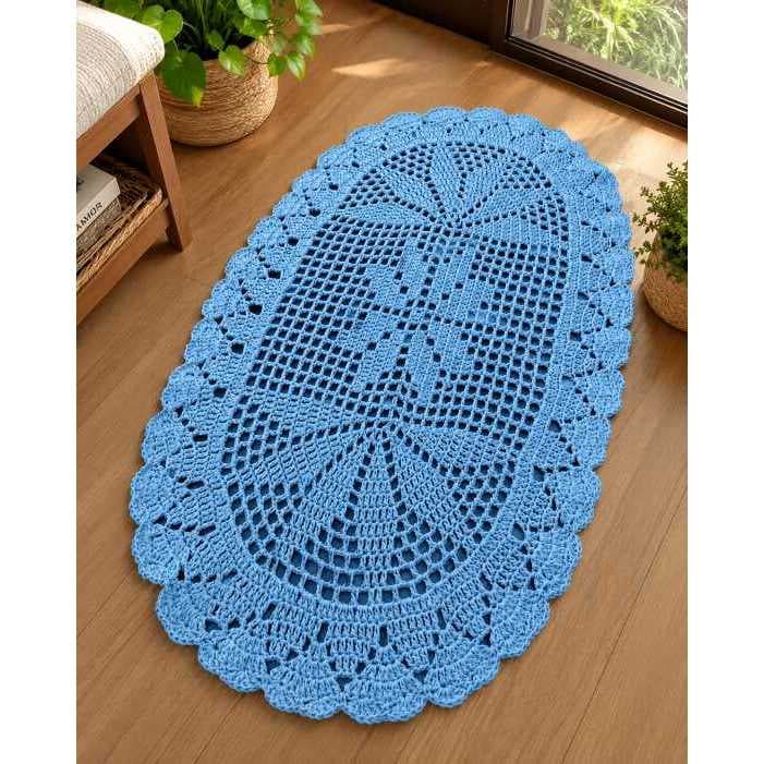 Tapete de Crochê Oval Encanto 80x47 Azul Celeste Pronta Entrega tapete sala decoração sala