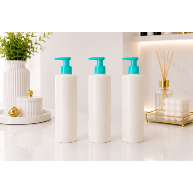 Kit 03 Frascos Branco Perolado 300ml c Válvula Pump verde - agua Micelar, Shampoo, Sab. Liquido, hidratante