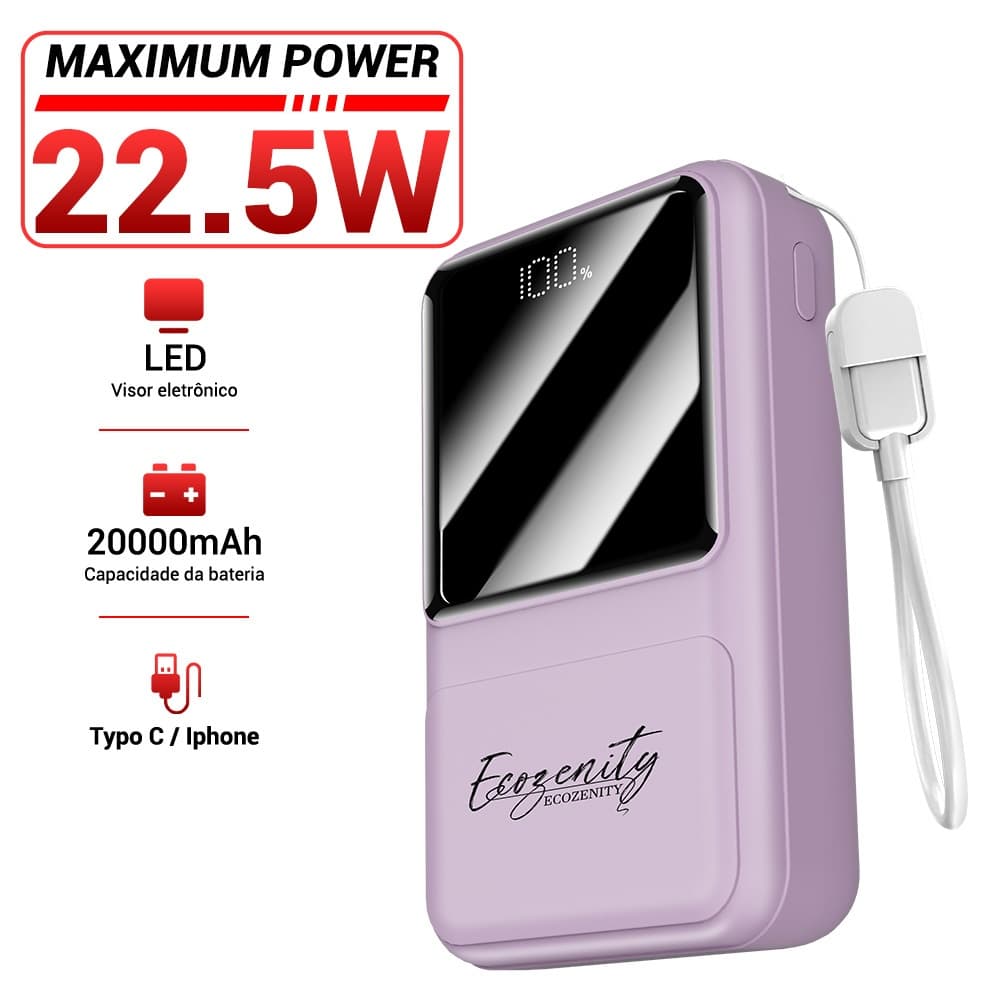 ECOZENITY powerbank 20000MAH 22.5W Carregamento rápido com dois tipos de cabos e tela LED