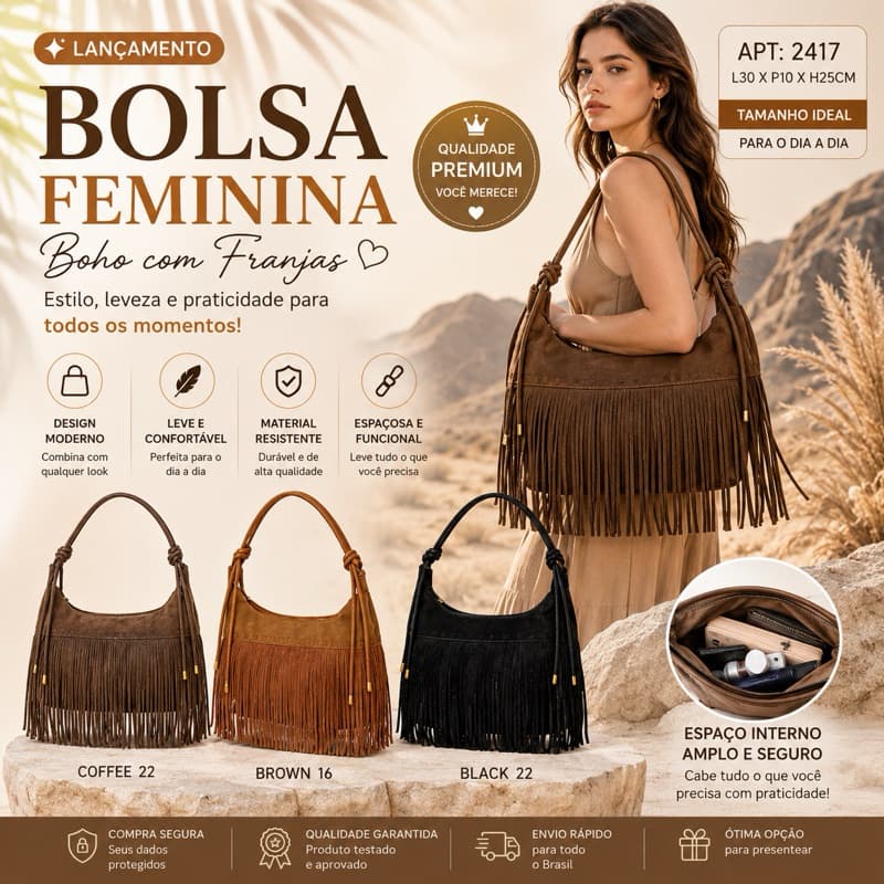 Bolsa Feminina Boho com Franjas Grande Ombro Transversal Casual Premium Moda 2417
