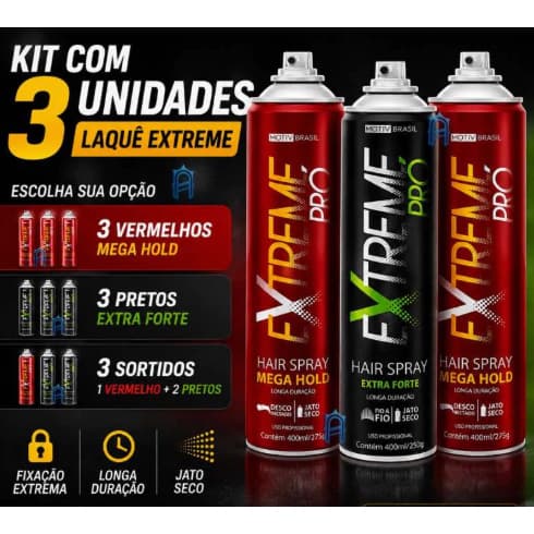 Kit 3 Laquê Extreme Pro Fixador Penteado Modelador Fixação Salão Barbeiro 400m